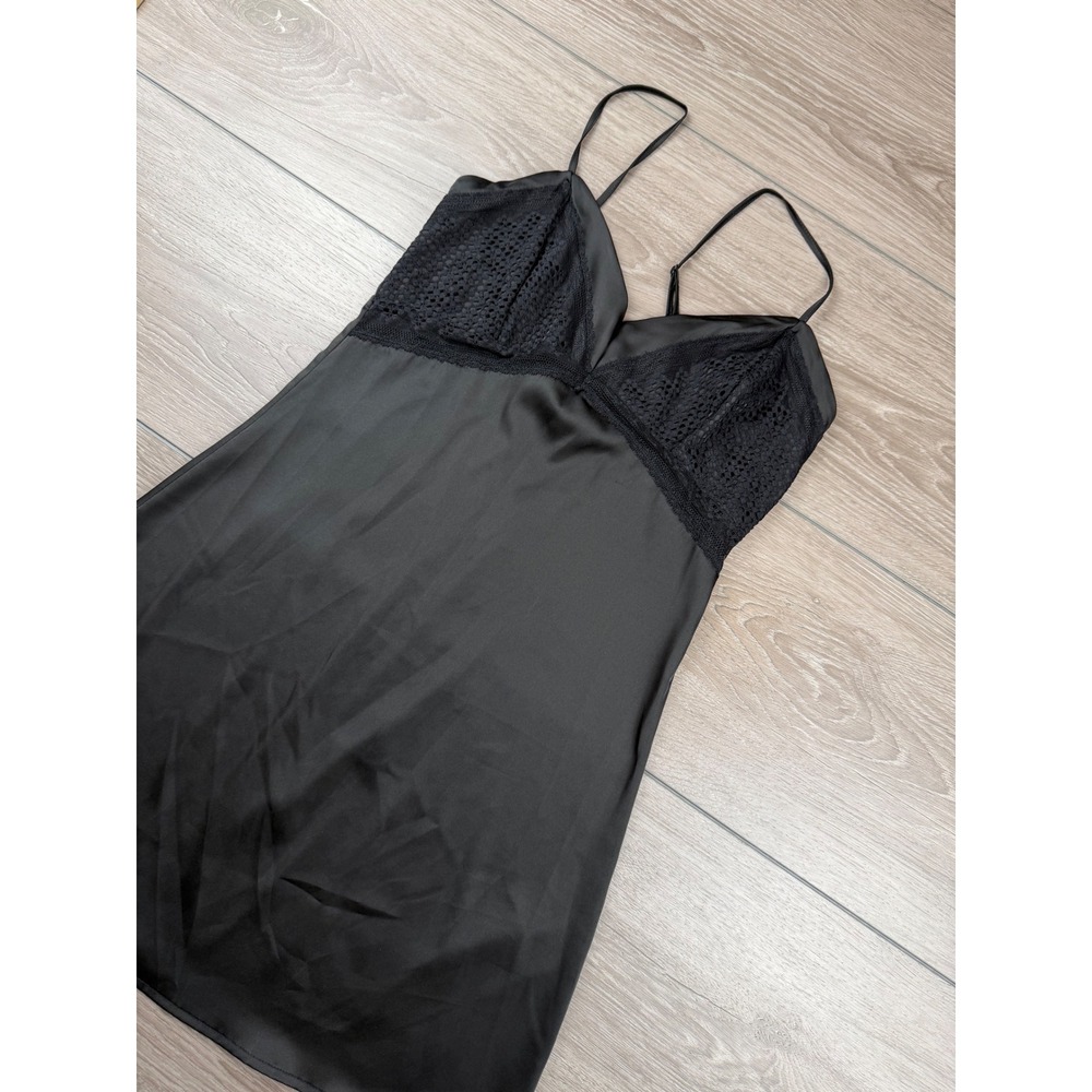 iCollection Womens Chemise Nightgown Lace Trim Satin Slip Black Small 7920